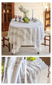 Grey 135*135 Dimensions include lace French Vintage Tablecloth - Pearl Yarn Polyester with Pleated Ruffle Edge - Floral Print Table Cover for Dining, Coffee Table, Bedside, Home Decor, Party, Gift Ready