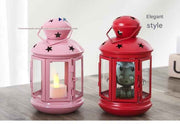 Pink European Style Star Cutout Metal Candle Lantern - Handcrafted Iron & Glass Decorative Lamp for Christmas, Home, Wedding, Party Easy to carry - Perfect for Living Room, Bedroom, Study