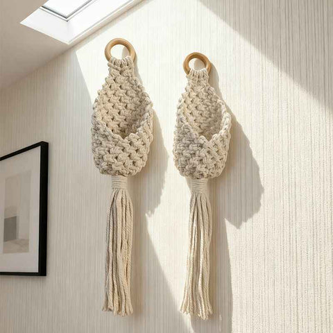 2-piece White Macrame Hanging Plant Holder - Cotton Rope Wall Basket, Bohemian Style Decor for Indoor Plants - Space Saving & Multi Scene Use