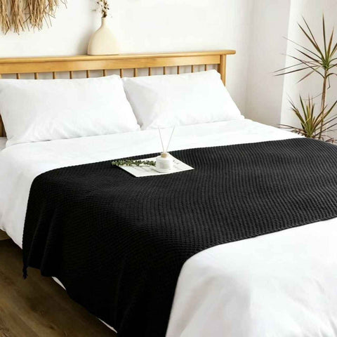 Black 150*200cm Nordic Style Tassel Knit Throw Blanket - Soft Polyester Sofa Blanket with Pineapple Texture - Breathable & Lightweight for Office, Couch, Travel - Boho Chic Home Decor