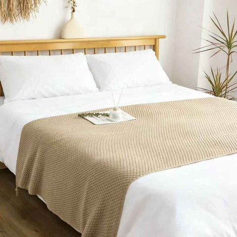 Khaki 150*200cm Nordic Style Tassel Knit Throw Blanket - Soft Polyester Sofa Blanket with Pineapple Texture - Breathable & Lightweight for Office, Couch, Travel - Boho Chic Home Decor