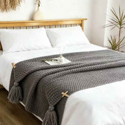 Grey 110*150cm Nordic Style Tassel Knit Throw Blanket - Soft Polyester Sofa Blanket with Pineapple Texture - Breathable & Lightweight for Office, Couch, Travel - Boho Chic Home Decor