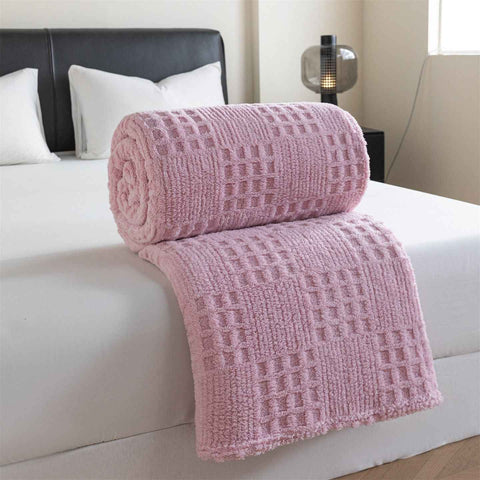 Pink 100*150cm Thickened Double-Sided Plush Waffle Weave Throw Blanket - Anti-Static Taffeta Velvet & Flannel Fleece - Warm, Soft, Non-Shedding Blanket for Winter, Sofa, Bed & Office