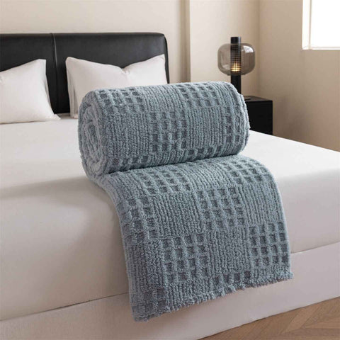 Blue-gray 180*200cm Thickened Double-Sided Plush Waffle Weave Throw Blanket - Anti-Static Taffeta Velvet & Flannel Fleece - Warm, Soft, Non-Shedding Blanket for Winter, Sofa, Bed & Office