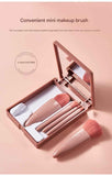 Green 5-Piece Compact Makeup Brush Set with Mirror - Synthetic Fibre Travel Case with Foundation, Powder & Blush Brushes - Portable Beauty Tool Kit for On-the-Go Touch-Ups