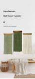 Dark Green 90×40 cm Natural Fibre Tapestry -Handwoven Cotton Tassel Wall Hanging – Minimalist Boho Decor for Bedroom, Living Room & Café