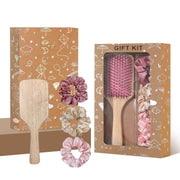 Pink Paddle Hair Brush Gift Set with Satin Scrunchies - Cushion Airbag Design for Scalp Massage and Detangling, Gift Ready Pack for Women and Girls, Ideal for Daily Hair Care and Styling