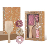 Pink Paddle Hair Brush Gift Set with Satin Scrunchies - Cushion Airbag Design for Scalp Massage and Detangling, Gift Ready Pack for Women and Girls, Ideal for Daily Hair Care and Styling