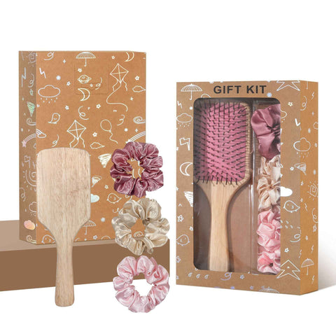 Pink Paddle Hair Brush Gift Set with Satin Scrunchies - Cushion Airbag Design for Scalp Massage and Detangling, Gift Ready Pack for Women and Girls, Ideal for Daily Hair Care and Styling