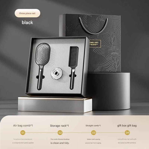 Black 3-Piece Gift Box Set Premium ABS Hair Care Gift Set with Cushion Paddle Brush, Detangling Comb, Cleaning Brush & Stand - Elegant Mother’s Day or Couple’s Gift for Daily Styling and Scalp Comfort