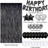 Black and White Premium Foil Balloon Party Kit – Happy Birthday Banner, 2 Star & 2 Heart Foil Balloons, 10 Confetti + 10 Pearl Latex Balloons, 2m Fringe Curtain & 10m Ribbon – Elegant, Easy Setup for Birthdays & Celebrations