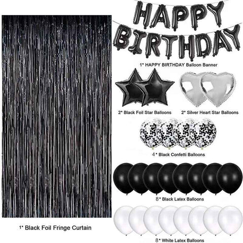 Black and White Premium Foil Balloon Party Kit – Happy Birthday Banner, 2 Star & 2 Heart Foil Balloons, 10 Confetti + 10 Pearl Latex Balloons, 2m Fringe Curtain & 10m Ribbon – Elegant, Easy Setup for Birthdays & Celebrations