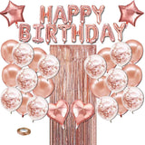 Pink Premium Foil Balloon Party Kit – Happy Birthday Banner, 2 Star & 2 Heart Foil Balloons, 10 Confetti + 10 Pearl Latex Balloons, 2m Fringe Curtain & 10m Ribbon – Elegant, Easy Setup for Birthdays & Celebrations