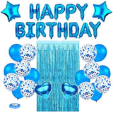 Blue Premium Foil Balloon Party Kit – Happy Birthday Banner, 2 Star & 2 Heart Foil Balloons, 10 Confetti + 10 Pearl Latex Balloons, 2m Fringe Curtain & 10m Ribbon – Elegant, Easy Setup for Birthdays & Celebrations