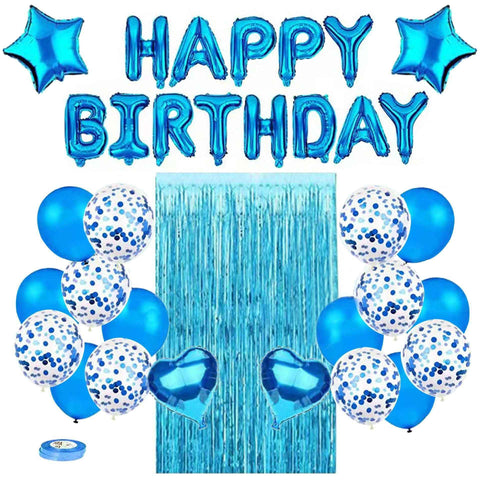 Blue Premium Foil Balloon Party Kit – Happy Birthday Banner, 2 Star & 2 Heart Foil Balloons, 10 Confetti + 10 Pearl Latex Balloons, 2m Fringe Curtain & 10m Ribbon – Elegant, Easy Setup for Birthdays & Celebrations