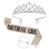 2-piece Silvery and Golden Birthday Girl Tiara and Sash Set - Elegant Rhinestone Alloy Crown with , Glitter "BIRTHDAY GIRL" Sash & Safety Pin - Perfect Princess Party Accessory for Women and Girls