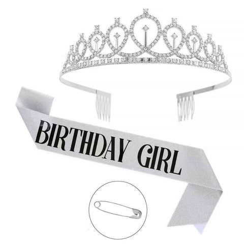 2-piece Silvery Birthday Girl Tiara and Sash Set - Elegant Rhinestone Alloy Crown with , Glitter "BIRTHDAY GIRL" Sash & Safety Pin - Perfect Princess Party Accessory for Women and Girls