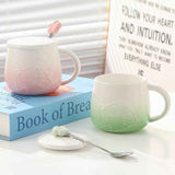 Pink Gradient Cat Ceramic Mug with Lid and Spoon - 400ml Porcelain Coffee Cup - Adorable 3D Cat Design, Pastel Colour, Gift Box Included - Ideal for Home, Office, or as a Present for Women and Cat Lovers