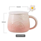 Pink Gradient Cat Ceramic Mug with Lid and Spoon - 400ml Porcelain Coffee Cup - Adorable 3D Cat Design, Pastel Colour, Gift Box Included - Ideal for Home, Office, or as a Present for Women and Cat Lovers