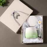 Green Gradient Cat Ceramic Mug with Lid and Spoon - 400ml Porcelain Coffee Cup - Adorable 3D Cat Design, Pastel Colour, Gift Box Included - Ideal for Home, Office, or as a Present for Women and Cat Lovers