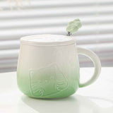 Green Gradient Cat Ceramic Mug with Lid and Spoon - 400ml Porcelain Coffee Cup - Adorable 3D Cat Design, Pastel Colour, Gift Box Included - Ideal for Home, Office, or as a Present for Women and Cat Lovers
