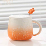 Yellow Gradient Cat Ceramic Mug with Lid and Spoon - 400ml Porcelain Coffee Cup - Adorable 3D Cat Design, Pastel Colour, Gift Box Included - Ideal for Home, Office, or as a Present for Women and Cat Lovers