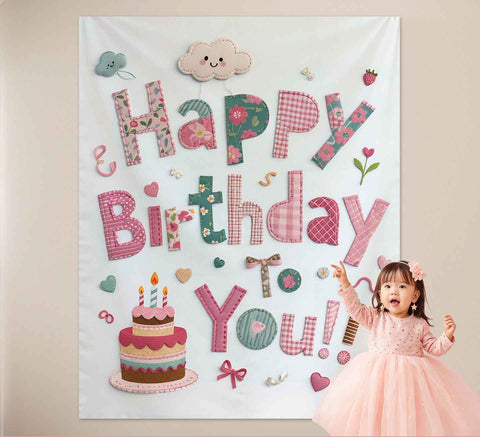 Pink Happy Birthday Backdrop Banner - Reusable Fabric Party Decoration with Colourful Lettering, Photo Background for Kids Birthday, Baby Shower & Celebration