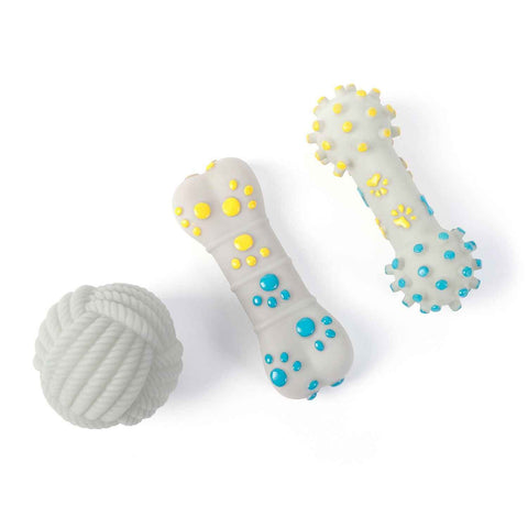 3-piece Yellow and Blue Squeaky Bone Spiked ring barbell White Rope Ball Durable TPR Dog Chew Toys Set -  for Teeth Cleaning - Non-Toxic, Bite-Resistant, Easy Clean - Interactive Play for Medium to Large Dogs
