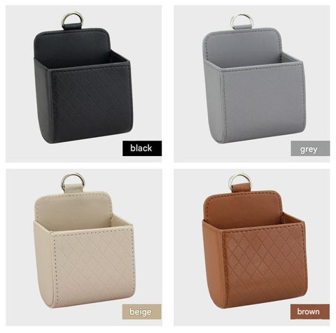 4-piece Black and Brown and Beige and Grey - Leather Car Air Vent Storage Bag - Multi-Purpose Phone Holder & Organiser Pouch for Sunglasses, Keys, Cards - Universal Fit, Easy Install, Compact Design for Dashboard Tidy
