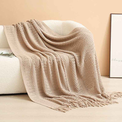 Khaki Elegant Openwork Knitted Throw Blanket with Tassels - 130x230cm Large Decorative Soft Sofa Blanket for Living Room & Bedroom - Breathable Cozy Cover for Travel & Office Nap