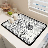 Diatom Mud Kitchen Counter Mat - Quick Dry Absorbent Non-Slip Draining Pad for Sink Benchtop 50cm x 80cm(Black and White Iris)