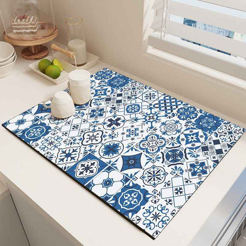 Diatom Mud Kitchen Counter Mat - Quick Dry Absorbent Non-Slip Draining Pad for Sink Benchtop 50cm x 80cm(Impressions of Blue and White Porcelain)