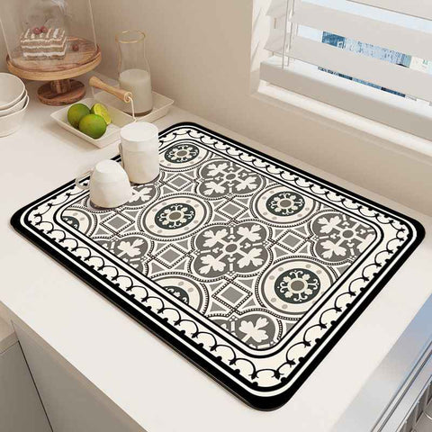 Diatom Mud Kitchen Counter Mat - Quick Dry Absorbent Non-Slip Draining Pad for Sink Benchtop 50cm x 80cm(Intricate and vintagee)