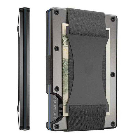Grey Slim RFID Blocking Aluminum Card Holder - Metal Wallet with Cash Strap Minimalist Card Case
