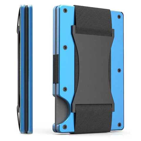 Blue Slim RFID Blocking Aluminum Card Holder - Metal Wallet with Cash Strap Minimalist Card Case