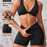 Leopard Print Yoga Set - Twist Front Sports Bra with Criss Cross Back and High Waisted Butt Lifting Shorts(Size:S)