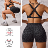 Leopard Print Yoga Set - Twist Front Sports Bra with Criss Cross Back and High Waisted Butt Lifting Shorts(Size:S)