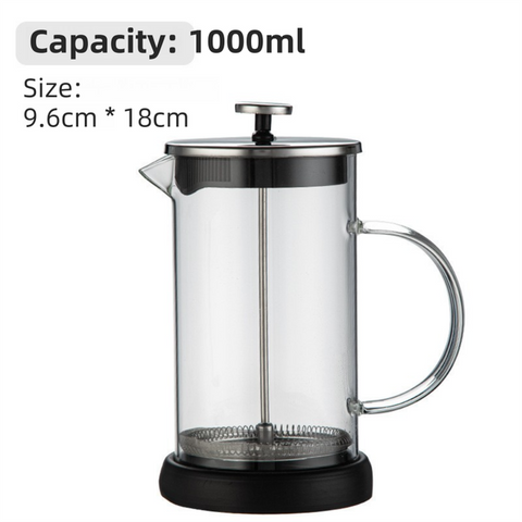 1000ML Premium Dual-Layer Borosilicate Glass French Press Coffee Maker with 304 Stainless Steel Lid – High-Density 3D Filter Mesh Cafetiere, Manual Milk Frother and Tea Infuser Pot