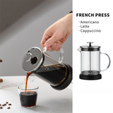 1000ML Premium Dual-Layer Borosilicate Glass French Press Coffee Maker with 304 Stainless Steel Lid – High-Density 3D Filter Mesh Cafetiere, Manual Milk Frother and Tea Infuser Pot