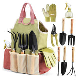 Premium 9-Piece Carbon Steel Garden Tool Set with Organizer Tote Bag – Heavy Duty Gardening Hand Kit with Ergonomic Wooden Handles, Spray Bottle, and Protective Gloves, Perfect Horticulture Gift for Women