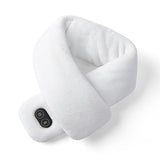 White Plush USB Heated Massage Neck Scarf with 3 Temp & 3 Vibration Massage Modes - Washable Winter Neck Warmer, Built-in Power Bank Zippered Storage Bag for Men and Women