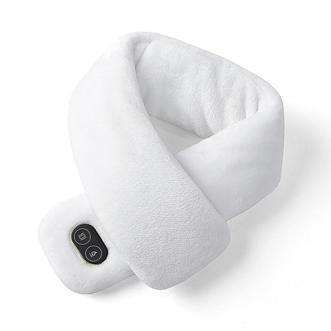 White Plush USB Heated Massage Neck Scarf with 3 Temp & 3 Vibration Massage Modes - Washable Winter Neck Warmer, Built-in Power Bank Zippered Storage Bag for Men and Women