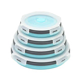 4 Piece Blue and Grey Silicone Collapsible Food Storage Container Set - Microwave Safe Foldable Lunch Box Set with Leakproof Clip Lock Lid & 4 Sizes 350/500/800/1200ML for Meal Prep Picnic Travel and Fridge Storage