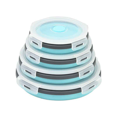 4 Piece Blue and Grey Silicone Collapsible Food Storage Container Set - Microwave Safe Foldable Lunch Box Set with Leakproof Clip Lock Lid & 4 Sizes 350/500/800/1200ML for Meal Prep Picnic Travel and Fridge Storage