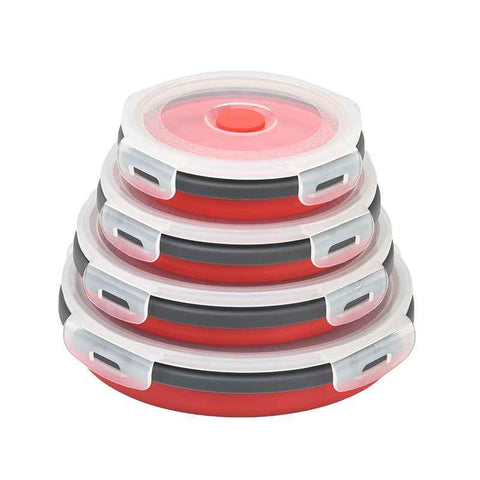 4 Piece Red and Grey Silicone Collapsible Food Storage Container Set - Microwave Safe Foldable Lunch Box Set with Leakproof Clip Lock Lid & 4 Sizes 350/500/800/1200ML for Meal Prep Picnic Travel and Fridge Storage