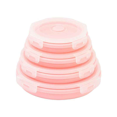 4 Piece Pink Silicone Collapsible Food Storage Container Set - Microwave Safe Foldable Lunch Box Set with Leakproof Clip Lock Lid & 4 Sizes 350/500/800/1200ML for Meal Prep Picnic Travel and Fridge Storage
