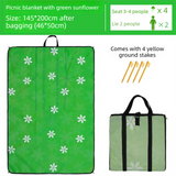2-in-1 Foldable 145 x 200CM Outdoor Picnic Mat and Storage Handled Bag with Green Sunflower Pattern & 4 Ground Stakes - Portable Waterproof Camping Blanket Travel Picnic Rug for 3-4 People Outdoor use