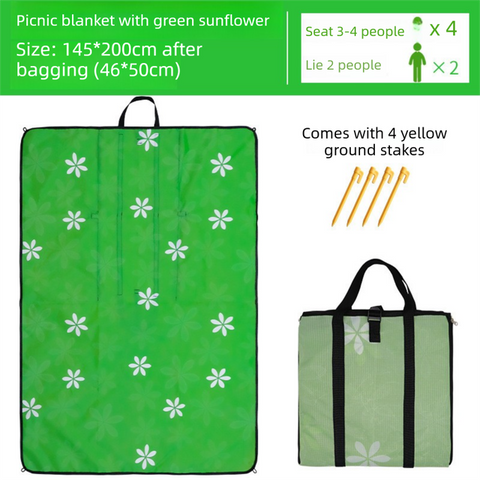 2-in-1 Foldable 145 x 200CM Outdoor Picnic Mat and Storage Handled Bag with Green Sunflower Pattern & 4 Ground Stakes - Portable Waterproof Camping Blanket Travel Picnic Rug for 3-4 People Outdoor use