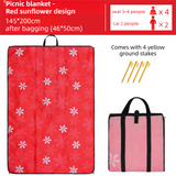 2-in-1 Foldable 145 x 200CM Outdoor Picnic Mat and Storage Handled Bag with Red Sunflower Pattern & 4 Ground Stakes - Portable Waterproof Camping Blanket Travel Picnic Rug for 3-4 People Outdoor use