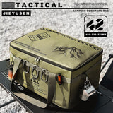 30L Collapsible Outdoor Tactical Organizer, Oxford Fabric Large Capacity Camping Gear Storage Bin with Waterproof PVC Base & Hanging Webbing for Picnic, Hiking, Camping & Kitchen Utensils, Khaki 38 x 26 x 30cm